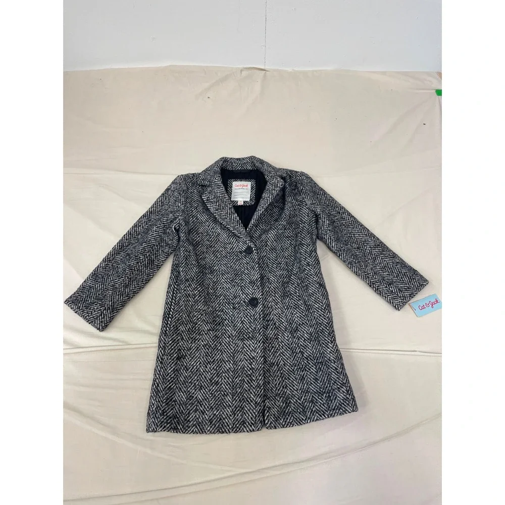 Cat & Jack Girls Herringbone Long Coat Black & White